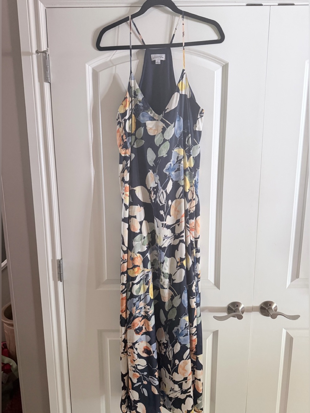 Tahari Navy Floral Slip Maxi Dress with Spaghetti Straps